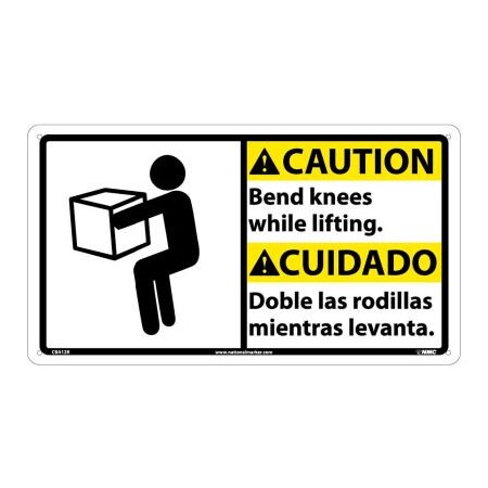 National Marker Co Bilingual Plastic Sign - Caution Bend Knees While Lifting CBA12R